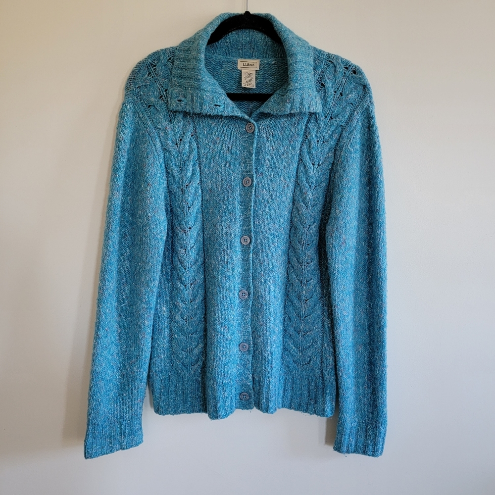 Vintage L.L. Bean Wool Blend Confetti Cable Knit Cardigan Sweater, Medium Reg